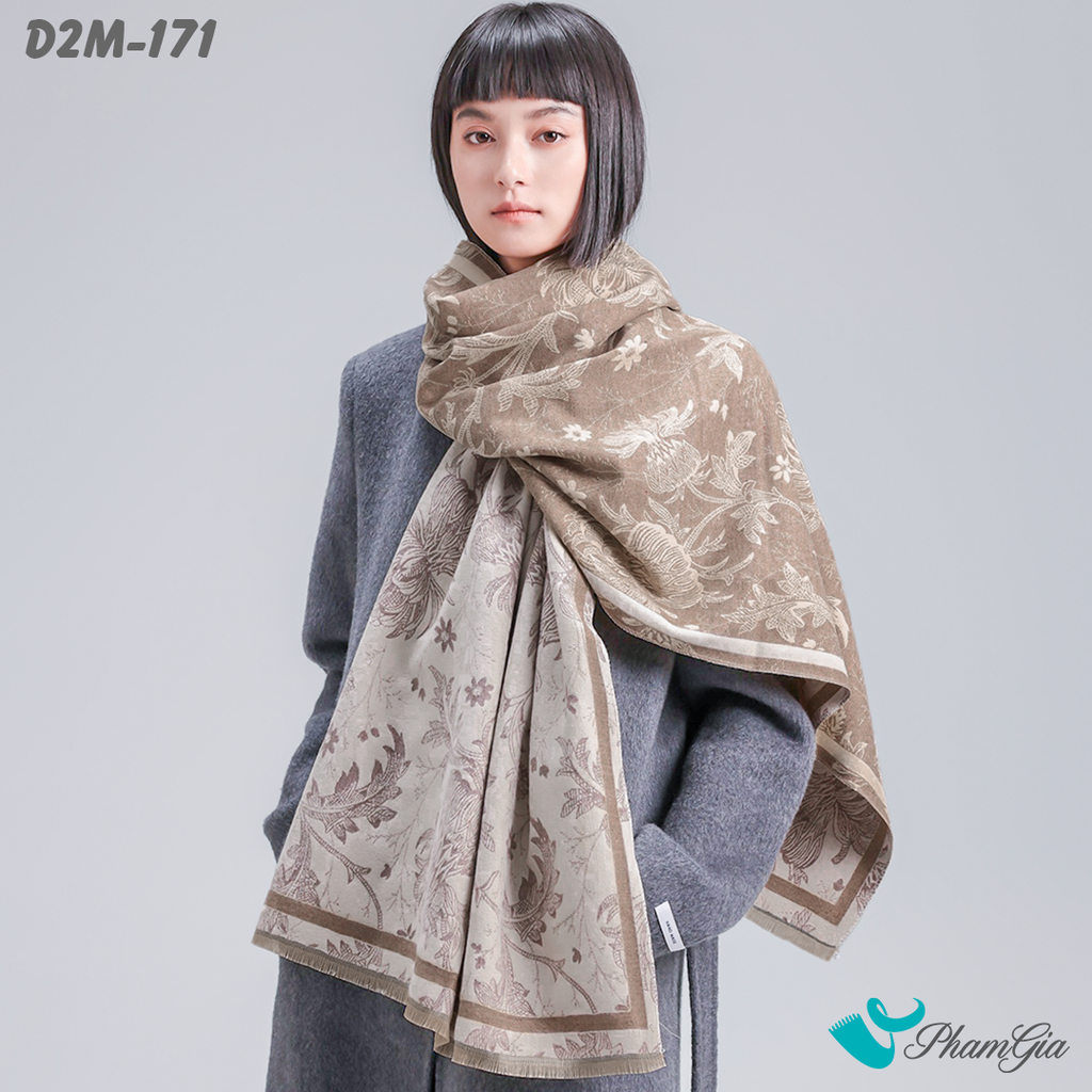 Khăn Choàng Dạ Cashmere 2 Mặt Cao Cấp Họa Tiết Hoa Dây Leo Màu Nâu Khói Trang Nhã