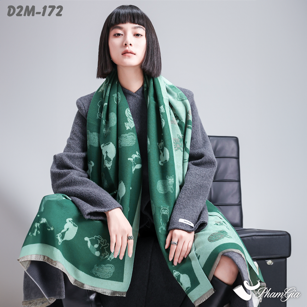 Người Mẫu Choàng Khăn Choàng Dạ Cashmere 2 Mặt Cao Cấp Họa Tiết Mèo Nhỏ Màu Xanh Két Dễ Thương