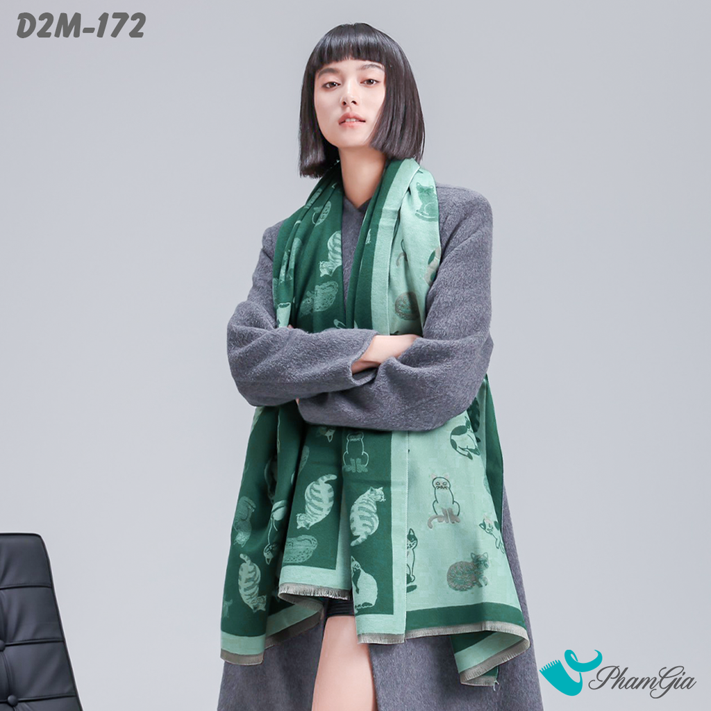 Model Choàng Khăn Choàng Dạ Cashmere 2 Mặt Cao Cấp Họa Tiết Mèo Nhỏ Màu Xanh Két Dễ Thương