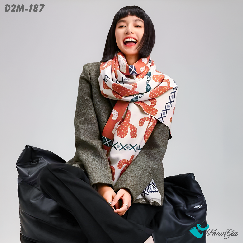Khăn Choàng Dạ Cashmere 2 Mặt Cao Cấp Họa Tiết Thổ Cẩm Xương Rồng Màu Cam Cá Tính
