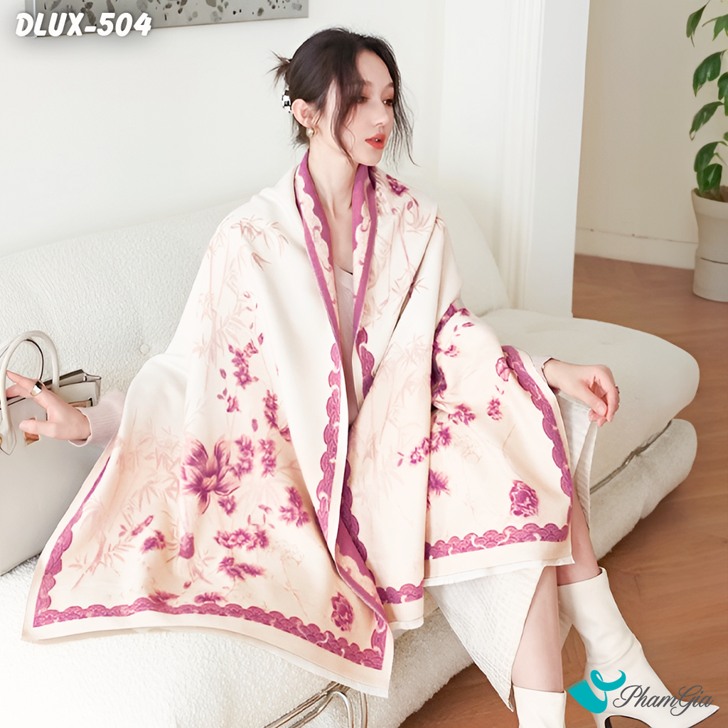 Model Choàng Khăn Choàng Dạ Cashmere Cao Cấp Họa Tiết Đài Sen Phối Màu Hồng - Kem Duyên Dáng