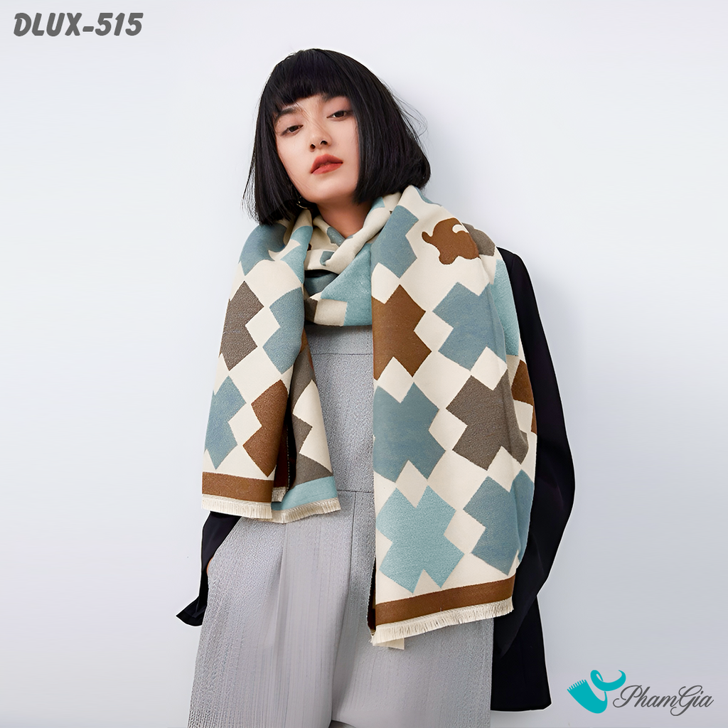 Người Mẫu Choàng Khăn Choàng Dạ Cashmere Cao Cấp Họa Tiết Hình Khối Phối Màu Viền Nâu Hiện Đại
