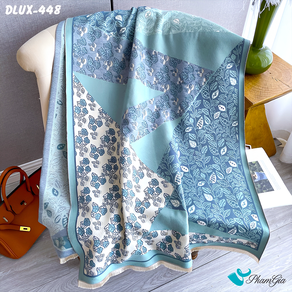 Họa Tiết Khăn Choàng Dạ Cashmere Cao Cấp Họa Tiết Hoa Lá Phối Màu Xanh Mint Thanh Lịch