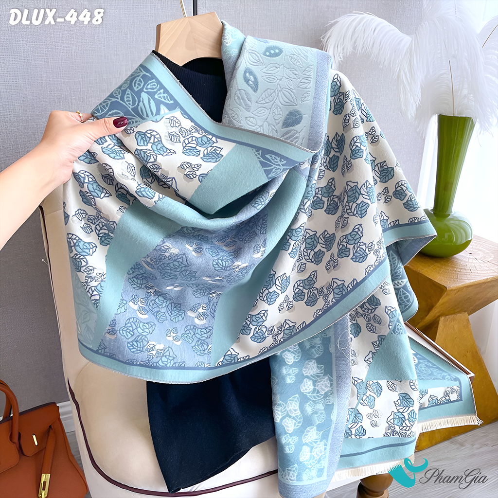 Góc Nghiêng Khăn Choàng Dạ Cashmere Cao Cấp Họa Tiết Hoa Lá Phối Màu Xanh Mint Thanh Lịch