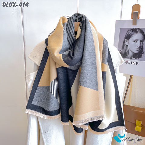 Góc Thẳng Khăn Choàng Dạ Cashmere Cao Cấp Họa Tiết Lập Thể Phối Màu Xám - Ghi Thời Thượng