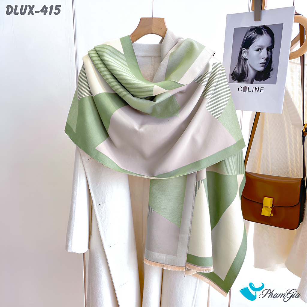 Khăn Choàng Dạ Cashmere Cao Cấp Họa Tiết Lập Thể Phối Màu Xám - Xanh Bơ Thời Thượng