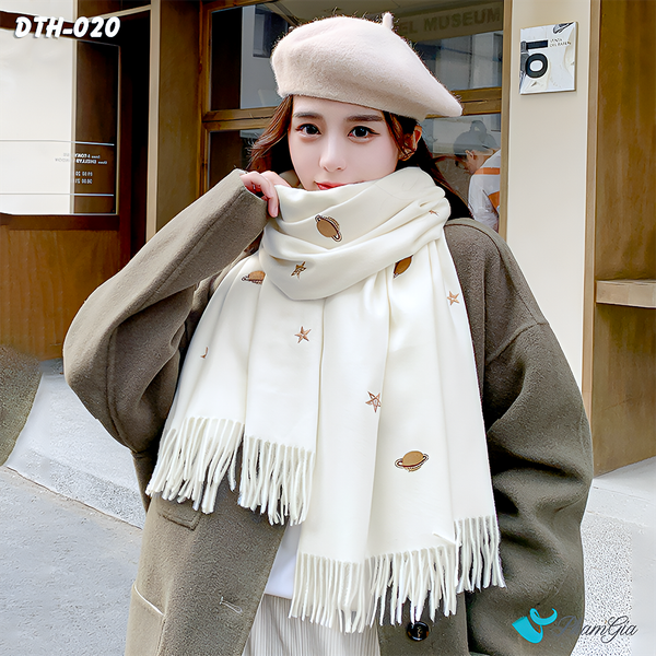Khăn Choàng Dạ Cashmere Kem Thêu Họa Tiết Galaxy Cao Cấp Màu Trắng Kem Thanh Lịch (DTH020)