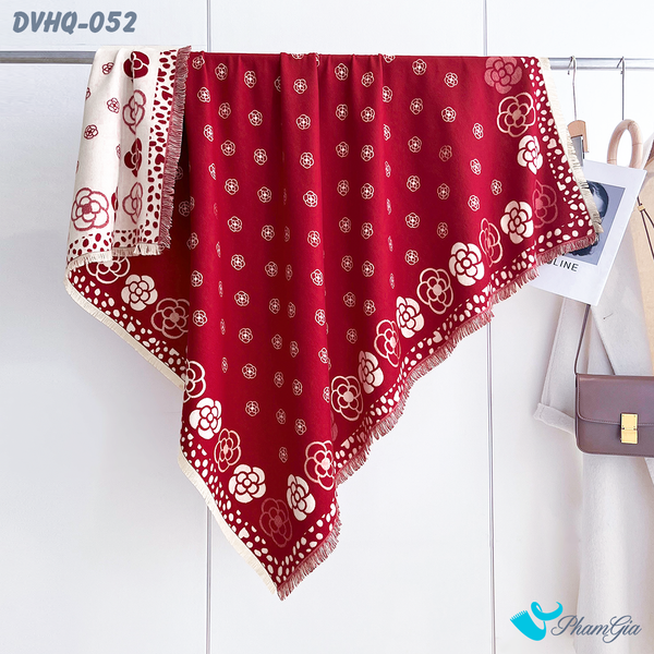 Khăn Choàng Dạ Cashmere Vuông Phong Cách Hàn Quốc Cao Cấp Họa Tiết Hoa Cúc Màu Đỏ (DVHQ052)