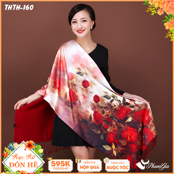 Khăn Choàng Tằm Hoa Thượng Hải 2 Lớp Cao Cấp Họa Tiết Hoa Hồng Nhung Màu Đỏ Đô Rực Rỡ (THTH160)
