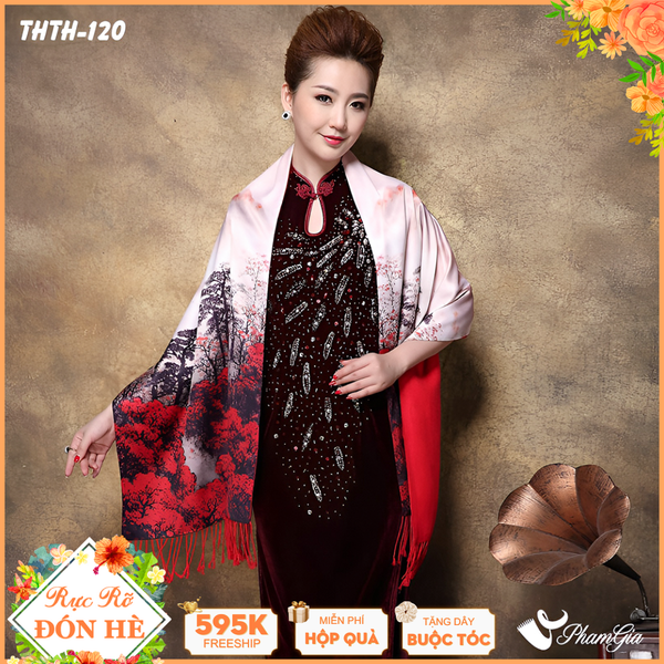 Khăn Choàng Tằm Hoa Thượng Hải 2 Lớp Cao Cấp Họa Tiết Rừng Đại Ngàn Màu Đỏ Sang Trọng (THTH120)