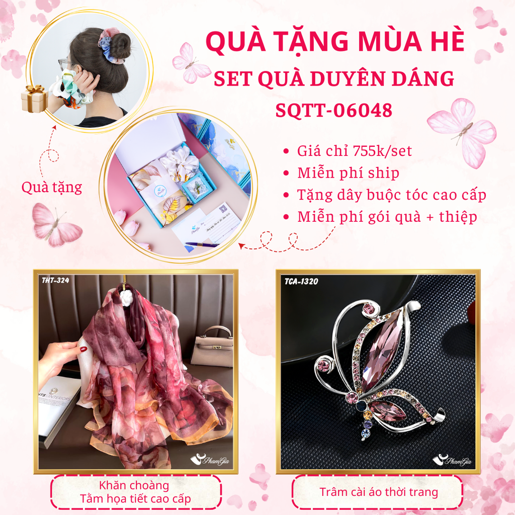 Set quà tặng khăn choàng tằm họa tiết hoa mẫu đơn và ghim cài áo cánh bướm cao cấp