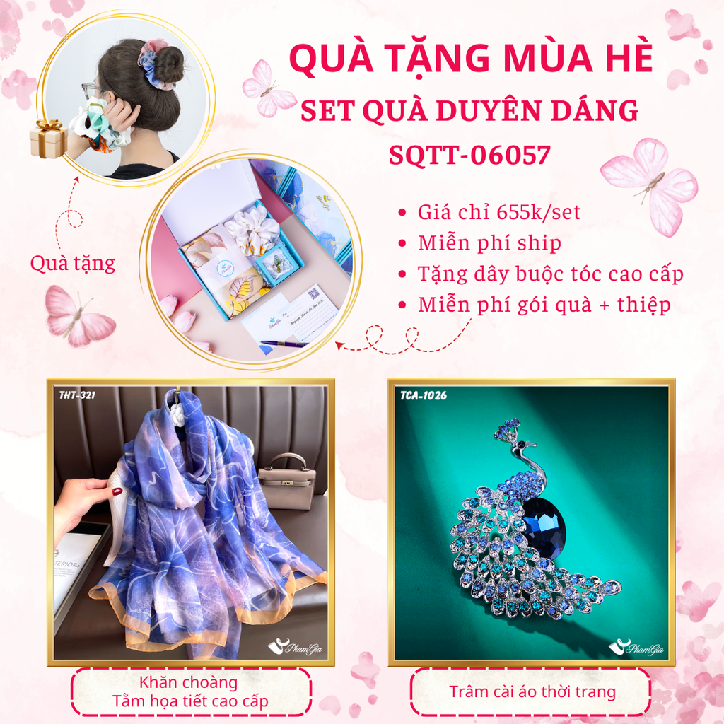 Set quà tặng khăn choàng tằm họa tiết cây lá và ghim cài áo nhành lựu cao cấp