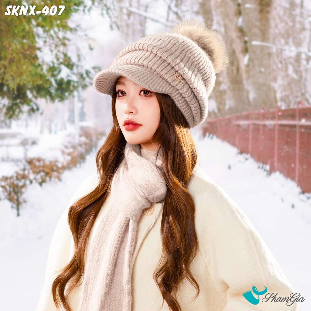 Người Mẫu Set Khăn Nón Len Trái Châu Nhấn Viền 2 Lớp Cao Cấp Siêu Mềm Màu Beige