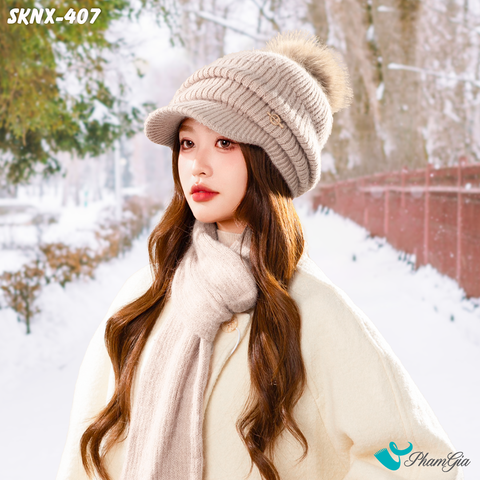 Người Mẫu Set Khăn Nón Len Trái Châu Nhấn Viền 2 Lớp Cao Cấp Siêu Mềm Màu Beige