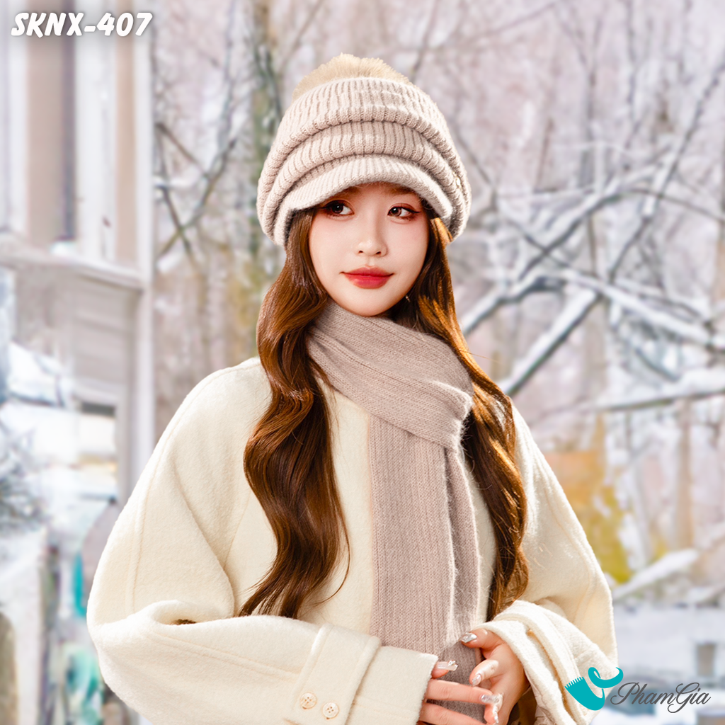 Model Set Khăn Nón Len Trái Châu Nhấn Viền 2 Lớp Cao Cấp Siêu Mềm Màu Beige