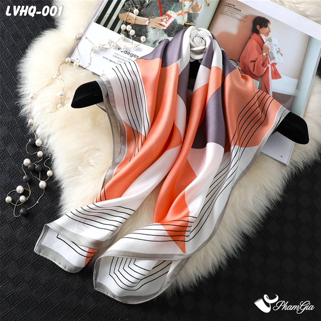 Cận Chất Khăn Lụa Vuông 70*70cm Phong Cách Hàn Quốc Họa Tiết Lập Thể Màu Xám - Cam