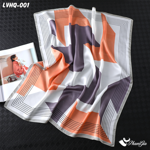 Cận Cảnh Khăn Lụa Vuông 70*70cm Phong Cách Hàn Quốc Họa Tiết Lập Thể Màu Xám - Cam