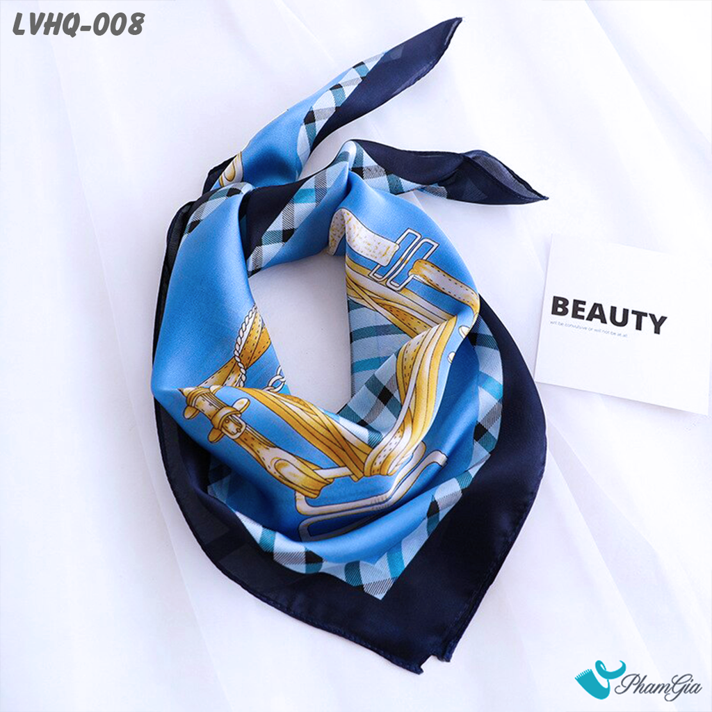 Cận Chất Khăn Lụa Vuông 70*70cm Phong Cách Hàn Quốc Họa Tiết Retro Màu Xanh Navy