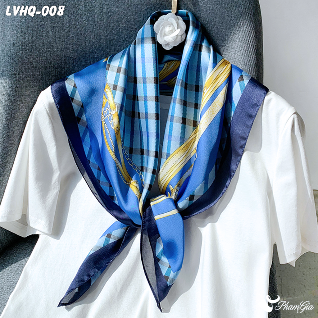Cận Cảnh Khăn Lụa Vuông 70*70cm Phong Cách Hàn Quốc Họa Tiết Retro Màu Xanh Navy