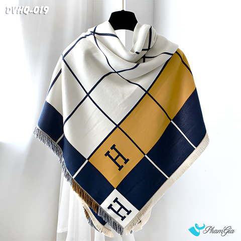 Góc Thẳng Khăn Choàng Dạ Cashmere Vuông Phong Cách Hàn Quốc Cao Cấp Họa Tiết Caro Phối Màu Xanh Navy - Vàng