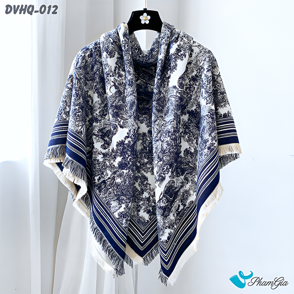Khăn Choàng Dạ Cashmere Vuông Phong Cách Hàn Quốc Cao Cấp Họa Tiết Tranh Rừng Cổ Điển Màu Xanh Navy (DVHQ012)