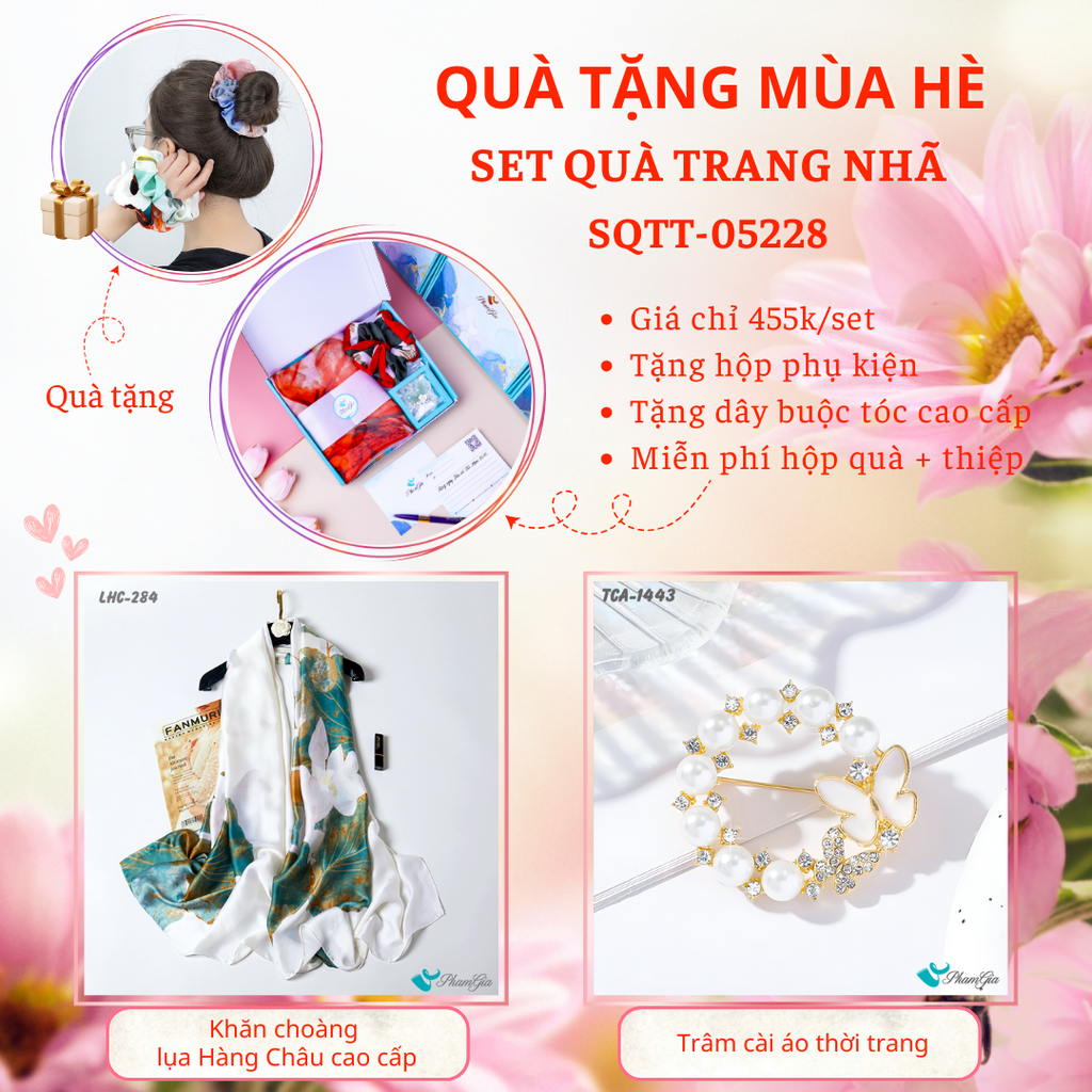 Set Quà Tặng Khăn Choàng Lụa Hoa Sen Và Ghim Cài Áo Vòng Hoa Bướm Cao Cấp