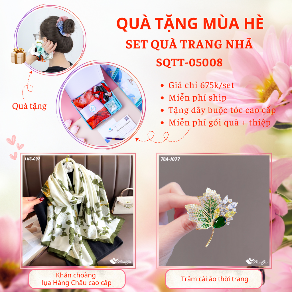 Set Quà Tặng Khăn Choàng Lụa Hoa Trà Và Ghim Cài Áo Lá Phong Xanh Cao Cấp