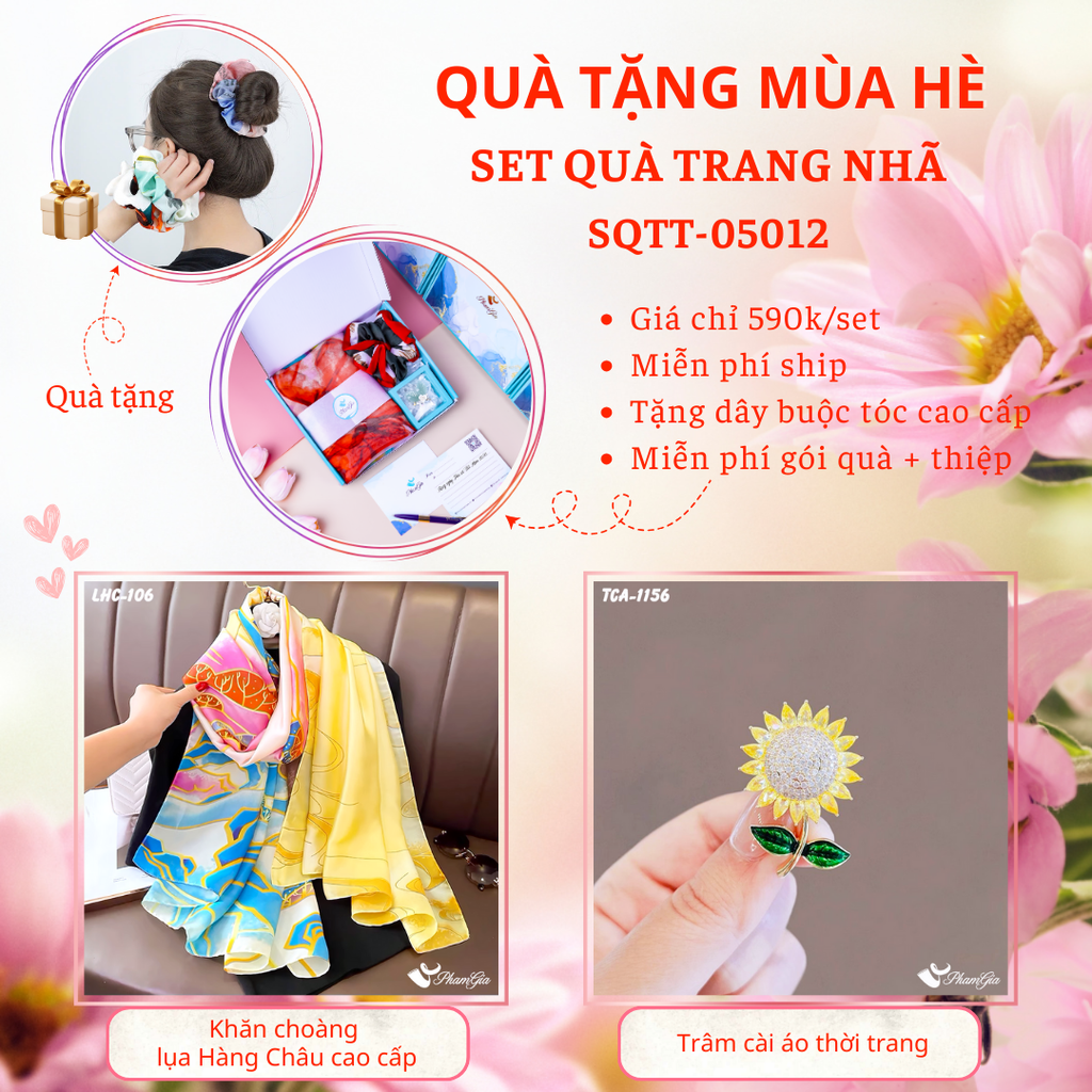 Set Quà Tặng Khăn Choàng Lụa Sơn Thủy Và Ghim Cài Hoa Hướng Dương Cao Cấp
