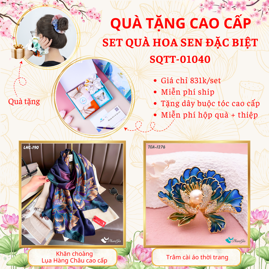 Quà Tặng Cao Cấp - Set Quà Tặng Khăn Choàng Và Ghim Cài Áo Chủ Đề Hoa Sen Đặc Biệt (SQTT01040)