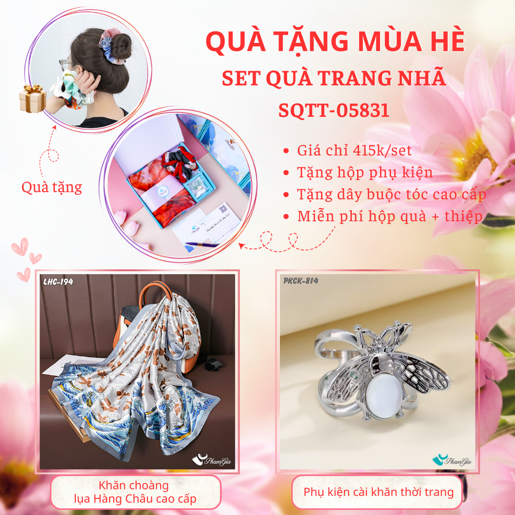 Set Quà Tặng Khăn Choàng Lụa Lá phong Và Phụ Kiện Cài Khăn Ong Bạc Thời Trang