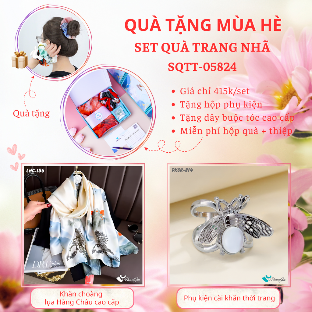 Set Quà Tặng Khăn Choàng Lụa Sơn Thủy Và Phụ Kiện Cài Khăn Ong Bạc Thời Trang