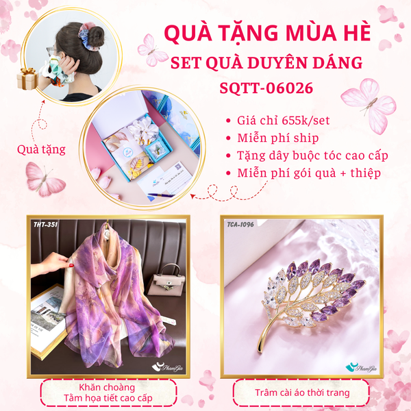 Quà Tặng Mùa Hè - Set Quà Tặng Khăn Choàng Tằm Họa Tiết Và Ghim Cài Áo Duyên Dáng (SQTT06026)