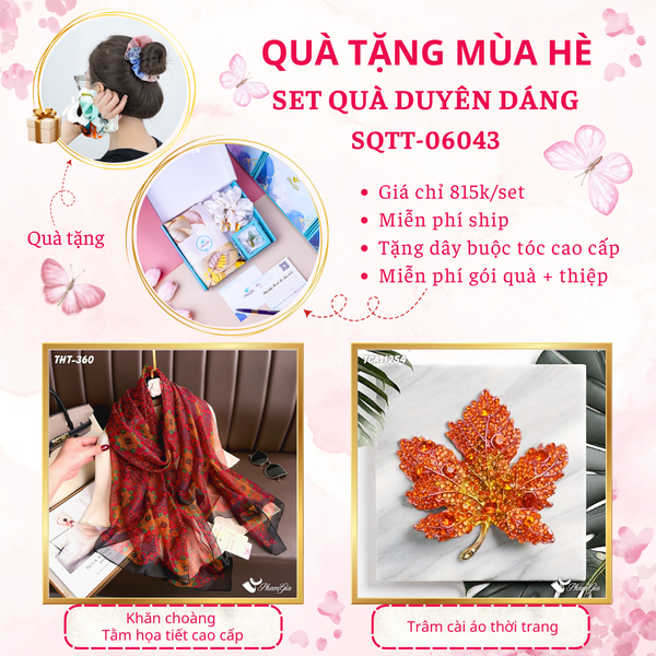 Quà Tặng Mùa Hè - Set Quà Tặng Khăn Choàng Tằm Họa Tiết Và Ghim Cài Áo Duyên Dáng (SQTT06043)
