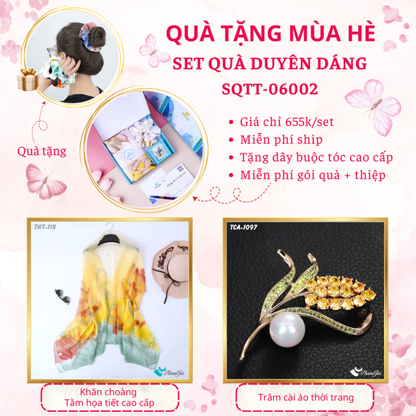 Quà Tặng Mùa Hè - Set Quà Tặng Khăn Choàng Tằm Họa Tiết Và Ghim Cài Áo Duyên Dáng (SQTT06002)