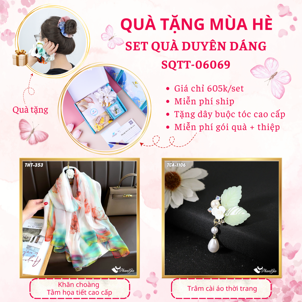Set quà tặng khăn choàng tằm họa tiết hoa tulip và ghim cài áo hoa sứ cao cấp