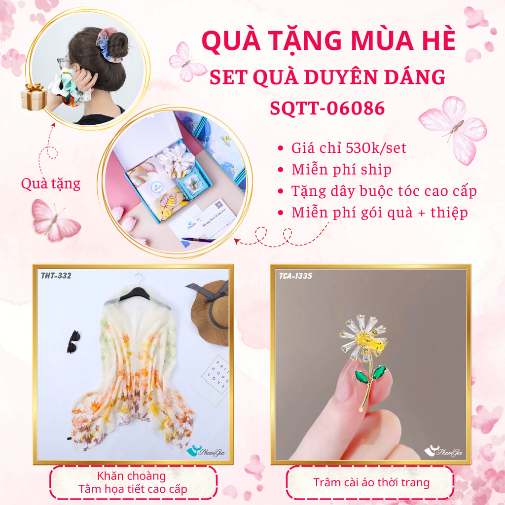 Set quà tặng khăn choàng tằm họa tiết lá phong và ghim cài áo hoa cúc cao cấp
