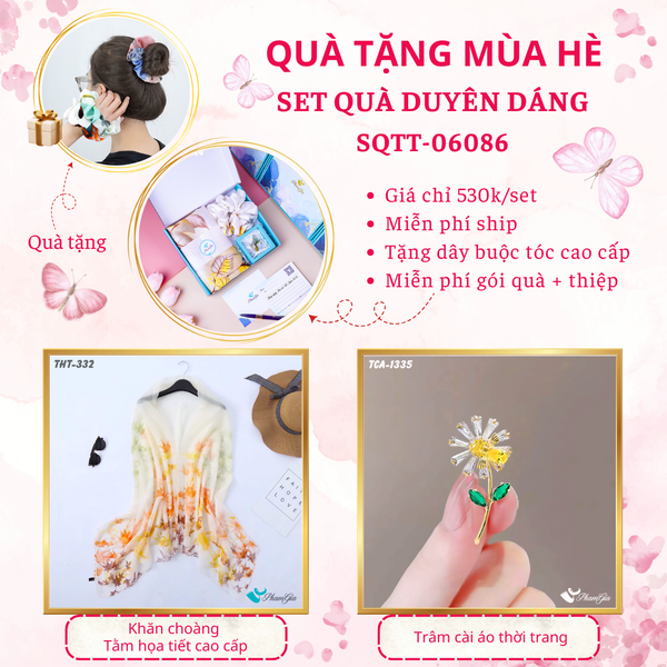 Quà Tặng Mùa Hè - Set Quà Tặng Khăn Choàng Tằm Họa Tiết Và Ghim Cài Áo Duyên Dáng (SQTT06086)