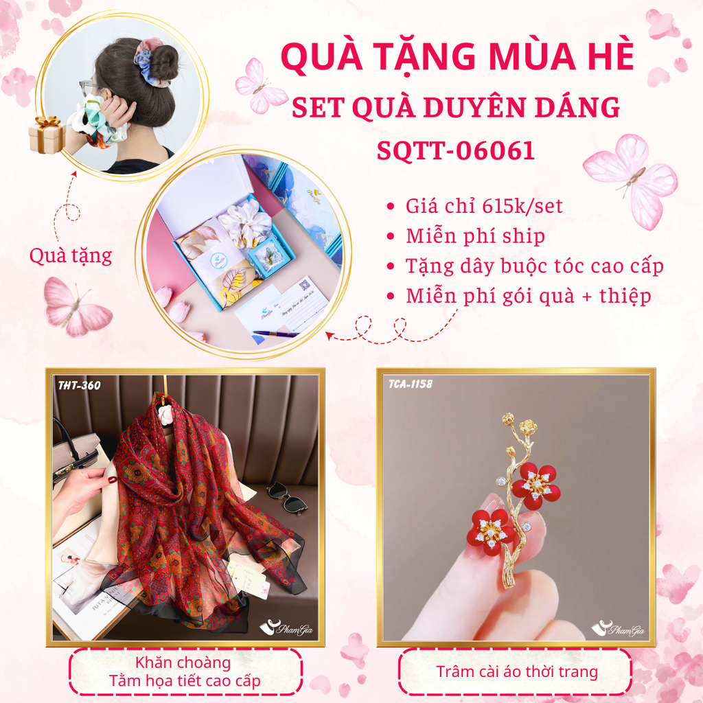 Set quà tặng khăn choàng tằm họa tiết và ghim cài áo cành hoa anh đào cao cấp