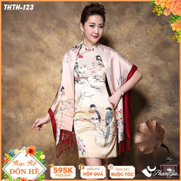Khăn Choàng Tằm Hoa Thượng Hải 2 Lớp Cao Cấp Họa Tiết Chim Hoàng Yến Màu Beige Sang Trọng (THTH123)
