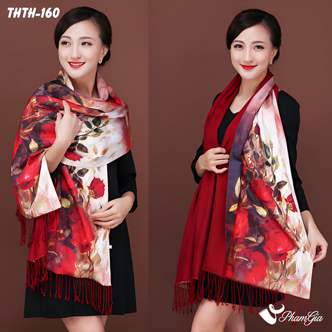Model Choàng Khăn Choàng Tằm Hoa Thượng Hải 2 Lớp Cao Cấp Họa Tiết Hoa Hồng Nhung Màu Đỏ Đô Rực Rỡ