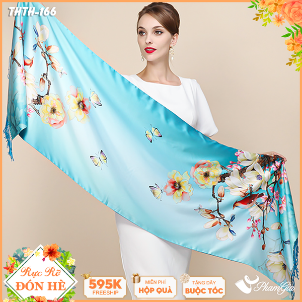 Khăn Choàng Tằm Hoa Thượng Hải 2 Lớp Cao Cấp Họa Tiết Hoa Mộc Lan Màu Xanh Ngọc Trang Nhã  (THTH166)
