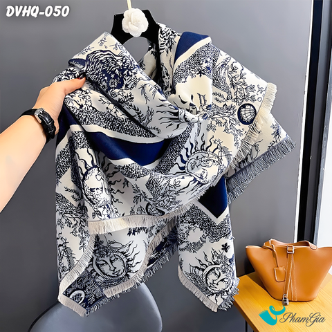 Góc NghiêngKhăn Choàng Dạ Cashmere Vuông Phong Cách Hàn Quốc Cao Cấp Họa Tiết Mặt Trời Màu Xanh Navy