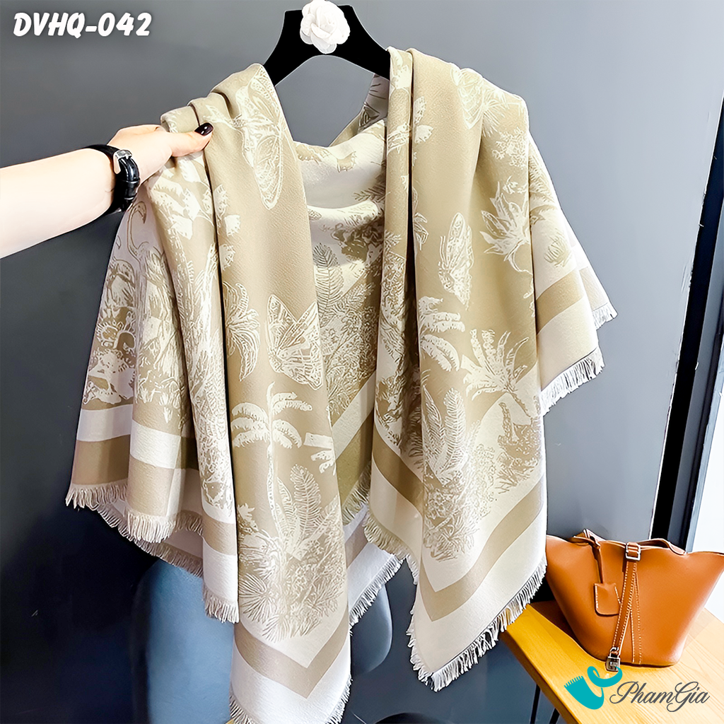 Khăn Choàng Dạ Cashmere Vuông Phong Cách Hàn Quốc Cao Cấp Họa Tiết Vườn Nhiệt Đới Màu Bạc Xỉu