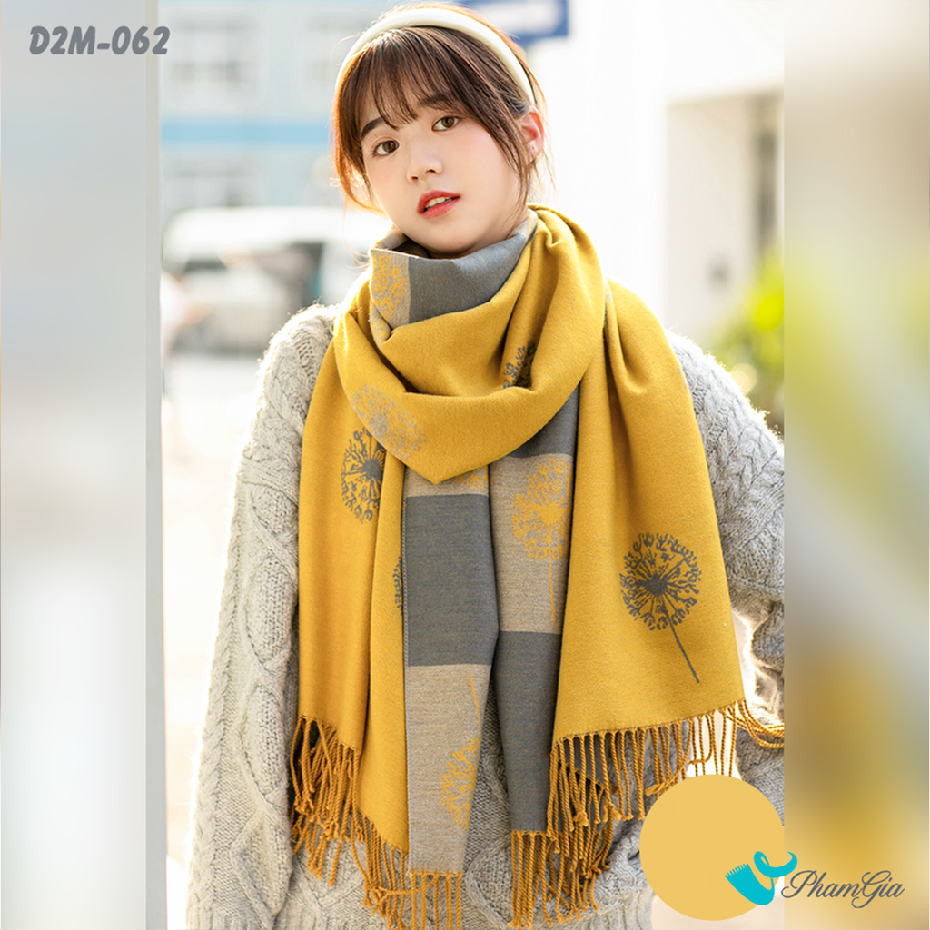 Khăn Choàng Dạ Cashmere 2 Mặt Cao Cấp Họa Tiết Bồ Công Anh Màu Vàng Gold Thanh Lịch