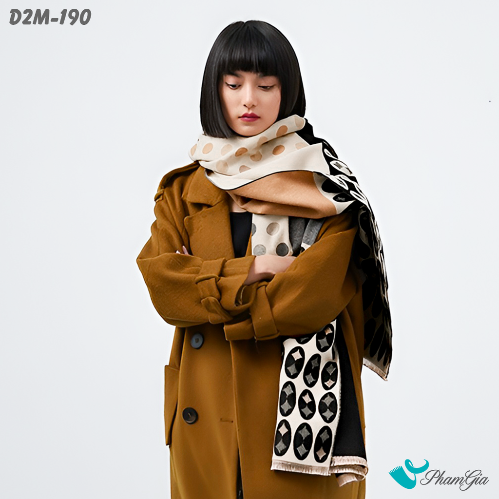 Khăn Choàng Dạ Cashmere 2 Mặt Cao Cấp Họa Tiết Chấm Bi Lớn Phối Màu Nâu - Đen Cá Tính