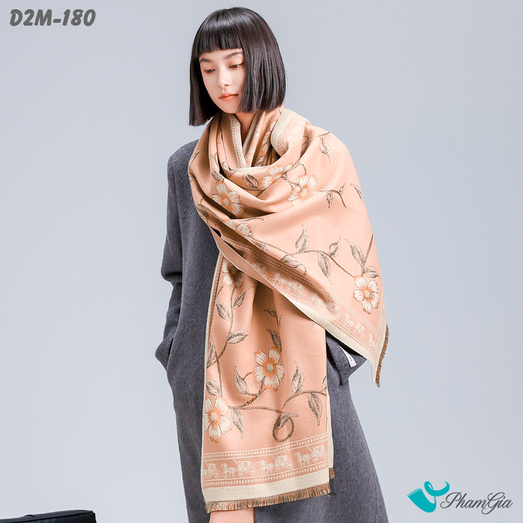 Model Choàng Khăn Choàng Dạ Cashmere 2 Mặt Cao Cấp Họa Tiết Hoa Dây Leo Màu Hồng Đào Tinh Tế