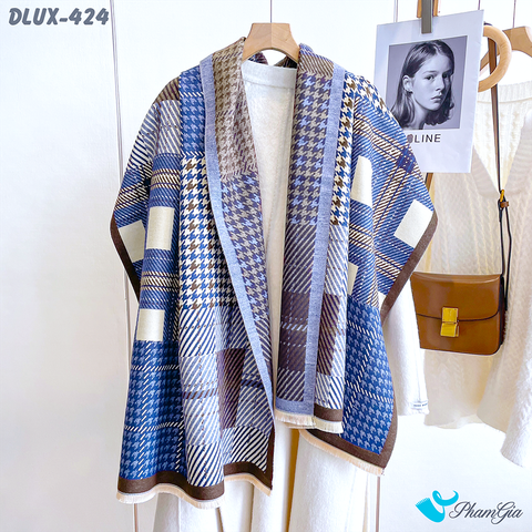 Góc Thẳng Khăn Choàng Dạ Cashmere Cao Cấp Họa Tiết Caro và Nanh Sói Màu Xanh Navy Cá Tính