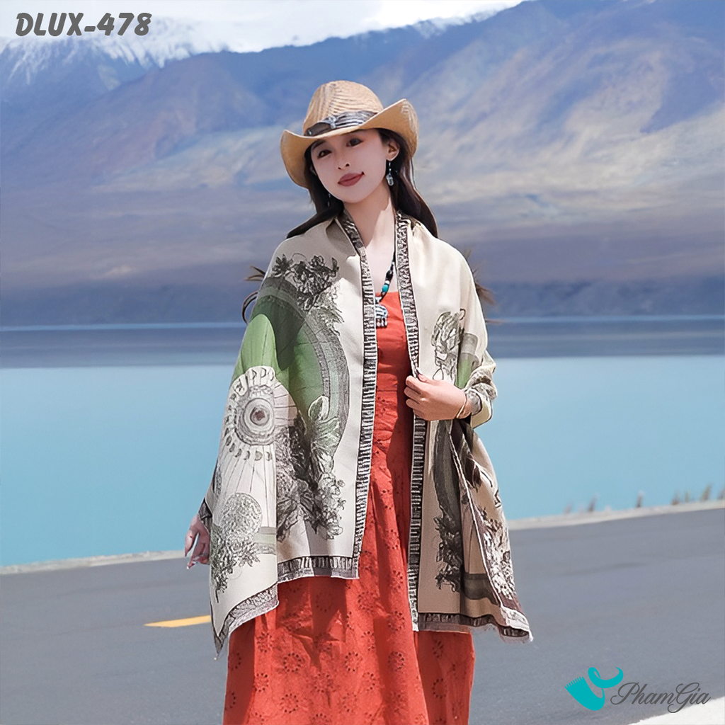 Người Mẫu Choàng Khăn Choàng Dạ Cashmere Cao Cấp Họa Tiết Cổ Điển Màu Beige Phối Xanh Bơ Độc Đáo