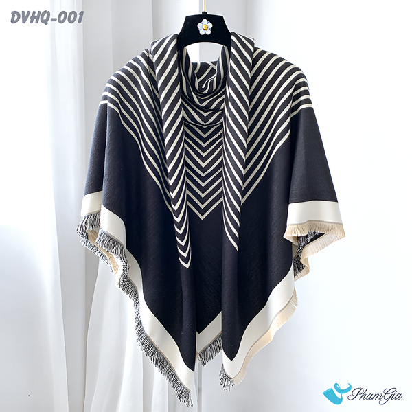 Khăn Choàng Dạ Cashmere Vuông Phong Cách Hàn Quốc Cao Cấp Họa Tiết Kẻ Sọc Đen - Trắng (DVHQ001)