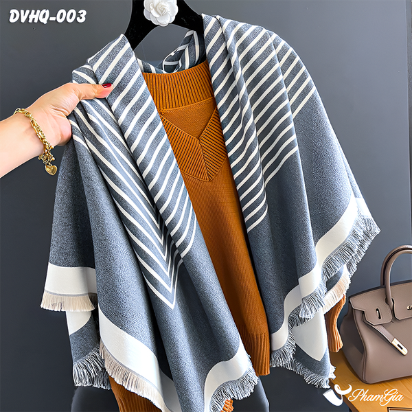 Khăn Choàng Dạ Cashmere Vuông Phong Cách Hàn Quốc Cao Cấp Họa Tiết Kẻ Sọc Ghi - Trắng (DVHQ003)